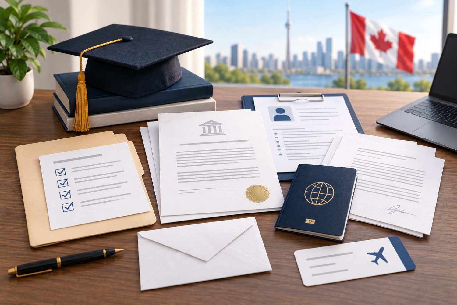 MBA application documents arranged on a desk with academic papers, a graduation cap, passport, laptop and Canadian flag in the background.